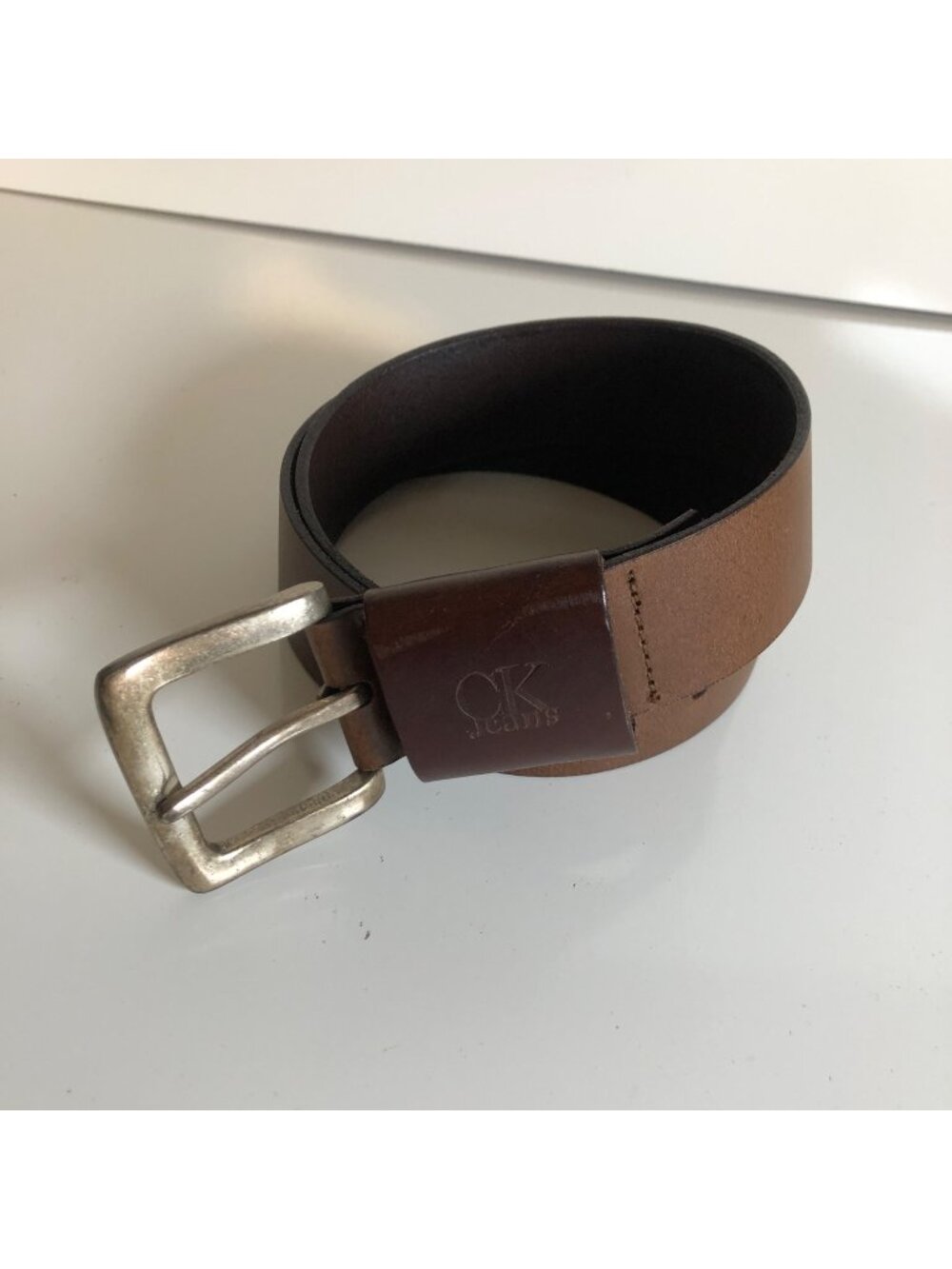 Calvin Klein Jeans Brown Leather Belt Silver Buckle Size Medium 40in